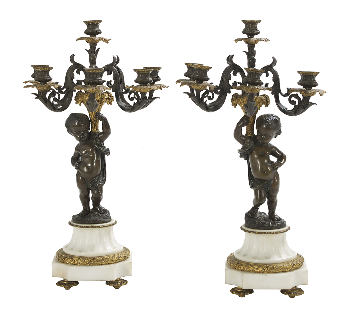 Pair of French Bronze and Marble Candelabra