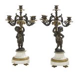 Pair of French Bronze and Marble Candelabra