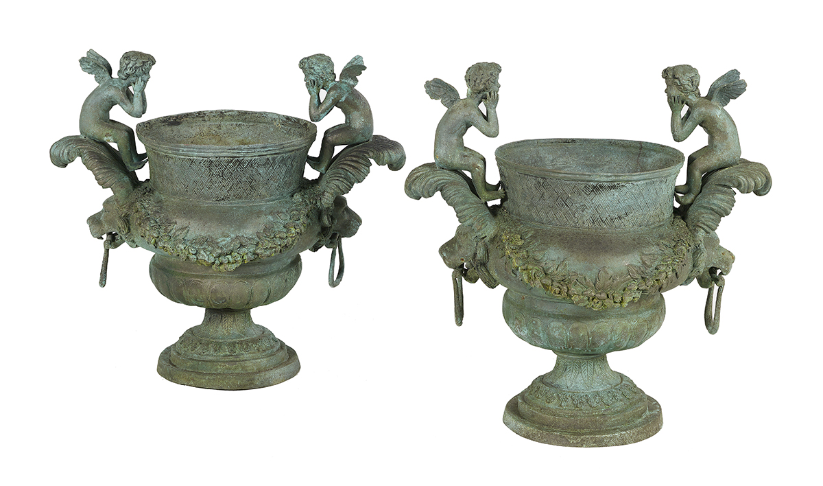 Pair of Neoclassical-Style Bronze Garden Urns