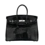 Hermes "Birkin 35" Black Crocodile Handbag