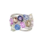 Natural Multi-Colored Sapphire and Diamond Ring