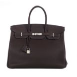 Hermes "Birkin 35" Chocolat Fjord Leather Handbag