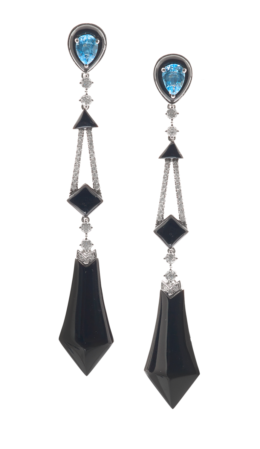 Pair of Blue Topaz, Onyx and Diamond Earrings