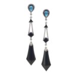 Pair of Blue Topaz, Onyx and Diamond Earrings