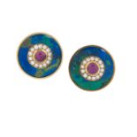 David Webb Azurite, Ruby and Diamond Earrings