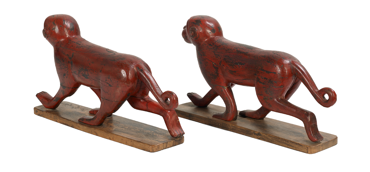 Pair of Asian Carved and Painted Wooden Monkeys - Image 2 of 2