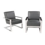 Pair of Modern Leather and Steel Armchairs