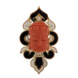 Coral, Diamond and Onyx Brooch/Pendant
