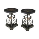 Pair of Iron and Marble-Top Occasional Tables
