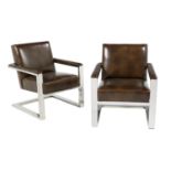 Pair of Modern Leather and Steel Armchairs
