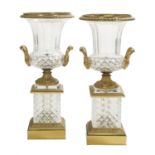 Pair of French Cut Crystal and Gilt-Bronze Urns