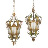 Pair of Enameled Metal and Frosted Glass Lanterns