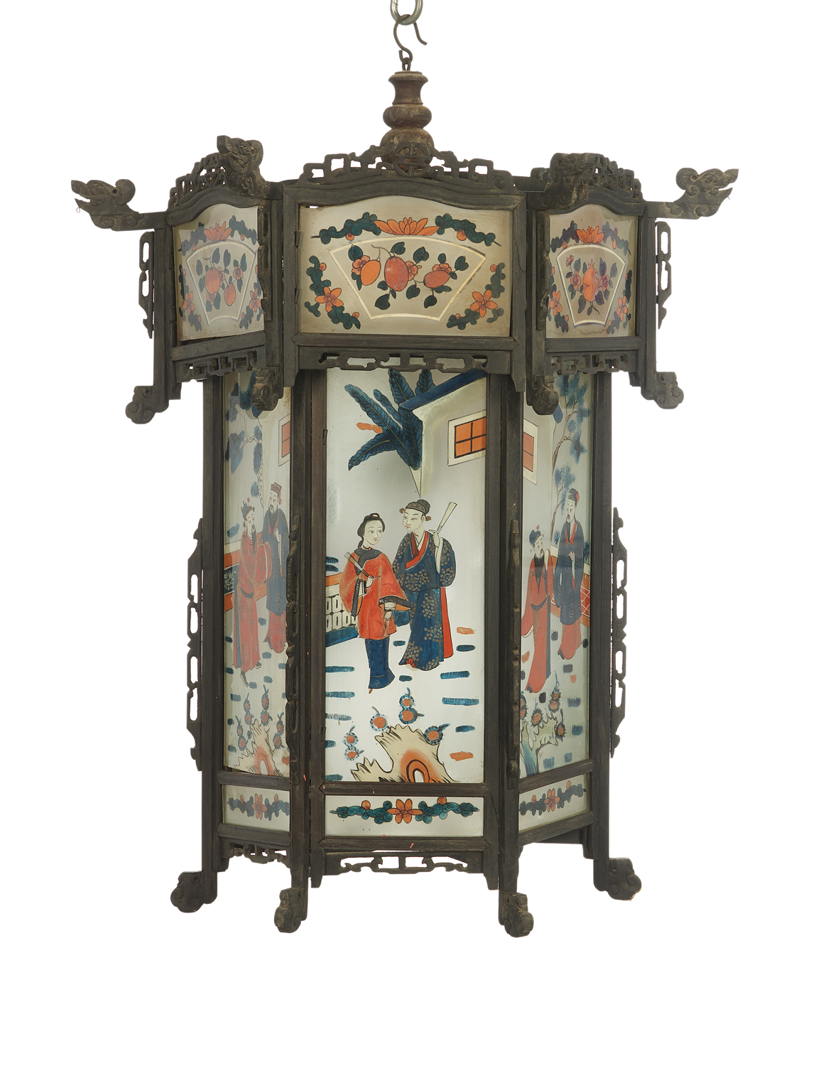 Chinese Ebonized Wood and Eglomise Lantern