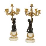 Pair of French Bronze and Marble Candelabra