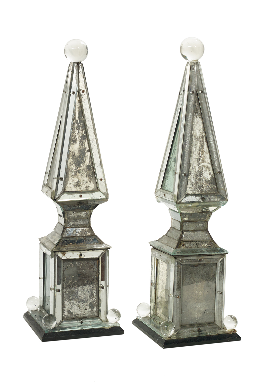 Pair of Venetian-Style Mirrored Wood Obelisks