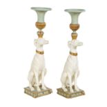 Pair of Parcel-Gilt Whippets Mounted with Vases