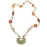 Jadeite, Coral and Carnelian Necklace