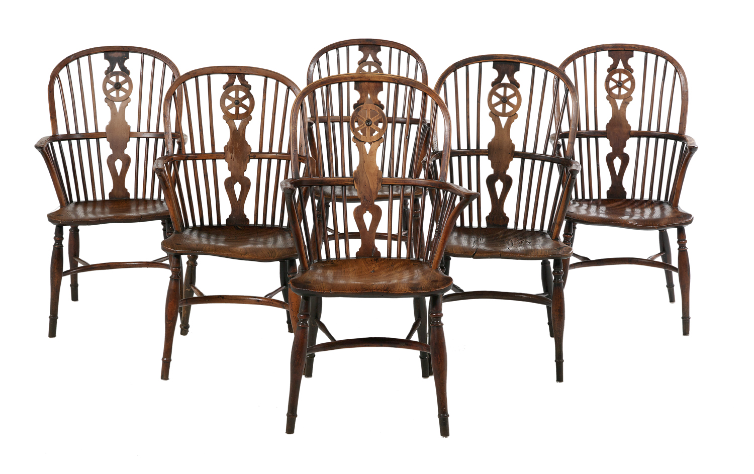 Suite of Six English Elm Windsor Armchairs