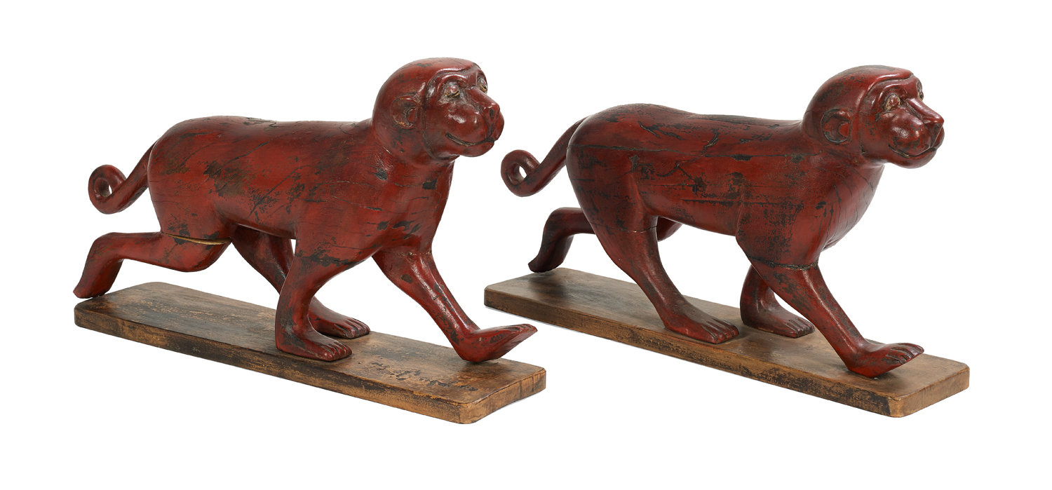 Pair of Asian Carved and Painted Wooden Monkeys