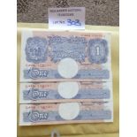 Banknotes : GB £1 banknotes x3 1940's all in run U