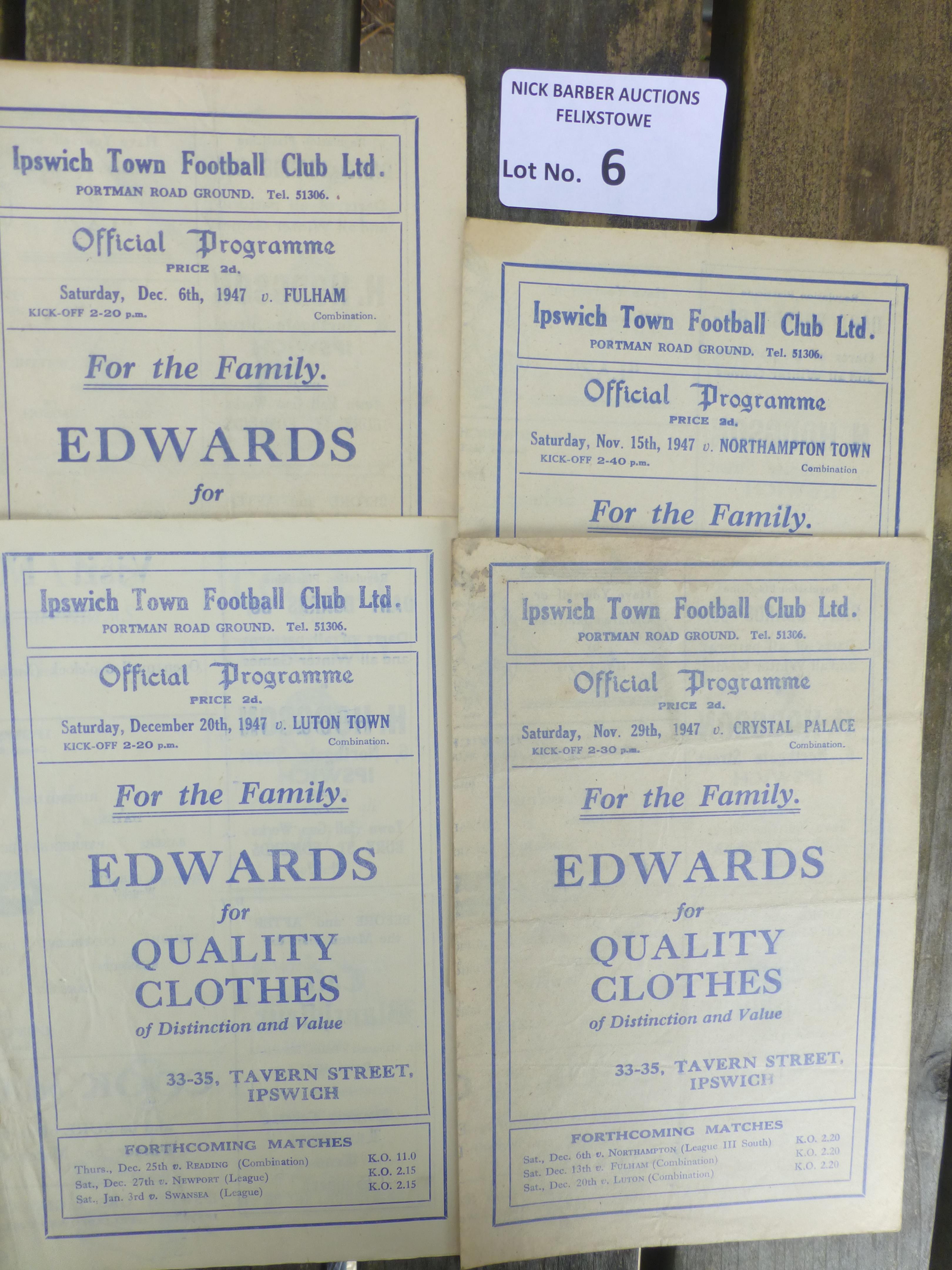 Football : Ipswich Town home 1947/8 progs - combin