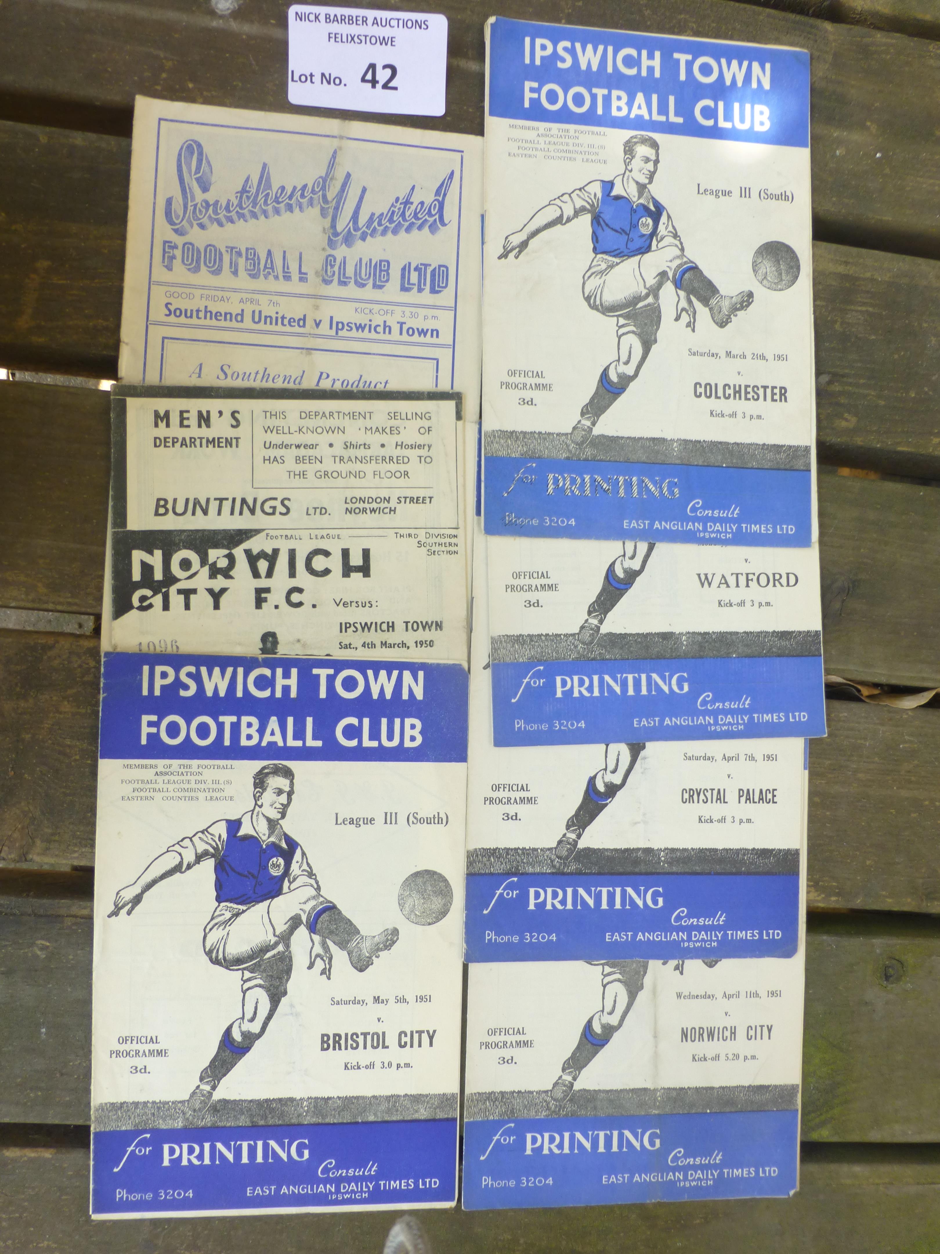 Football : Ipswich Town 1950/51 progs league - awa