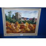 An Oil on board of a field of wheat sheaves in front of a ruined castle, unsigned.