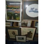 A quantity of prints including birds, St James Palace, etching of Hampton Court, etc.