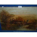 An unframed Oil on canvas of a river scene with a mill, ducks and two figures on a path.