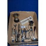 A quantity of silver plate spoons, small trophy, etc.