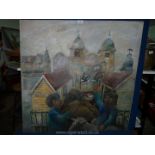 A large unframed Oil on canvas depicting two figures with sheep and buildings. 36" x 36".