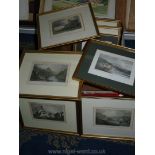 Eight framed etchings to include; Pembroke town and Castle, remains of Llandaff Castle, Newport,