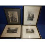 Four framed and mounted Etchings depicting 'The Village of Raglan', 'The Keep of Raglan Castle',