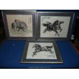 Three Chinese horse pictures with water damage.