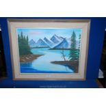 A framed Oil on canvas of a lake scene with steep rocky mountains in distance, signed A. Burford.