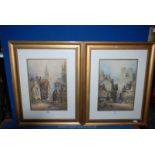 A pair of framed and mounted watercolours depicting a street scene with traders, horse and cart.