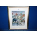 A Christine Hunt framed and mounted Print depicting Abergavenny market. 11" x 12 1/2".