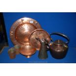 A quantity of copper to include kettle with brass handle (some dents), two tankards,