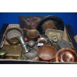 A quantity of brass and copper to include brass box, ornaments, small jardinieres, chamberstick etc,
