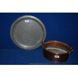 A Copper two handled cooking Pot and a Pewter Tray.