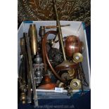 A quantity of brass including lamp base, hunting horn, candlesticks, pots, etc.