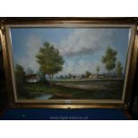 A large Oil on canvas of a country and farm scene, indistinctly signed lower right.