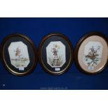 Three oval framed Watercolours and Ink paintings depicting musical elves, signed R.A.