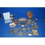 A quantity of brass and metalware including vase, peacock, horse brasses, a Bruges ash tray,