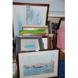 A quantity of paintings and prints including a limited edition print of Cardiff Bay,