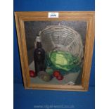 British School, mid century, Oil on canvas still life, tomatoes, bottle and basket.