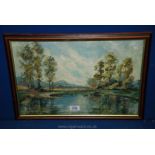 A framed Country landscape depicting a lake with trees and a mountain in the distance,