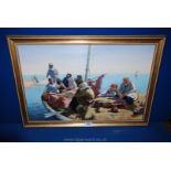 A gilt framed Oil on canvas depicting figures in a boat heading to shore,