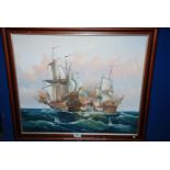 A framed oil on canvas of two Galleon ships in battle, signed lower right J. Harvey. 23 1/2" x 20".