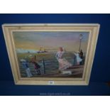 An Oil on board depicting figures and a dog on a blustery quayside with a steam ship out to sea.